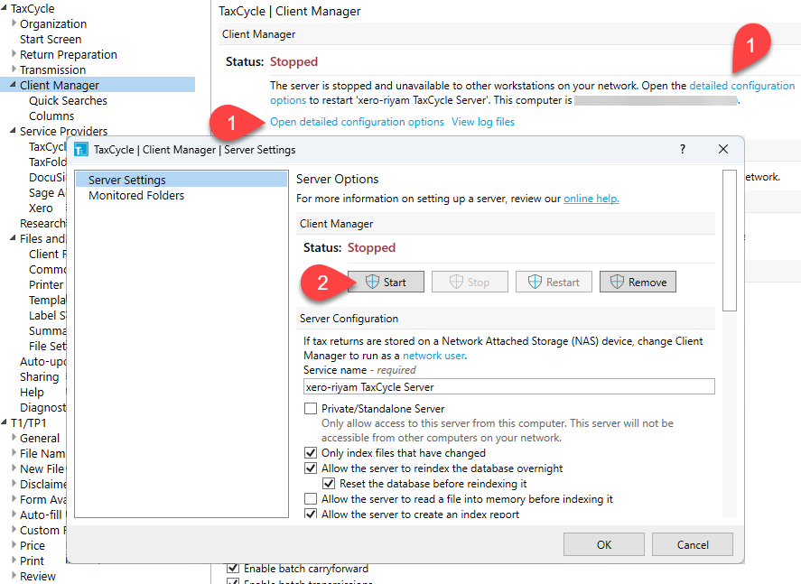 Screen Capture: Client Manager Server Options