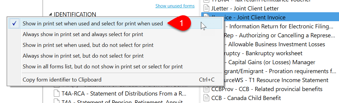 Screen Capture: Form Selection Options