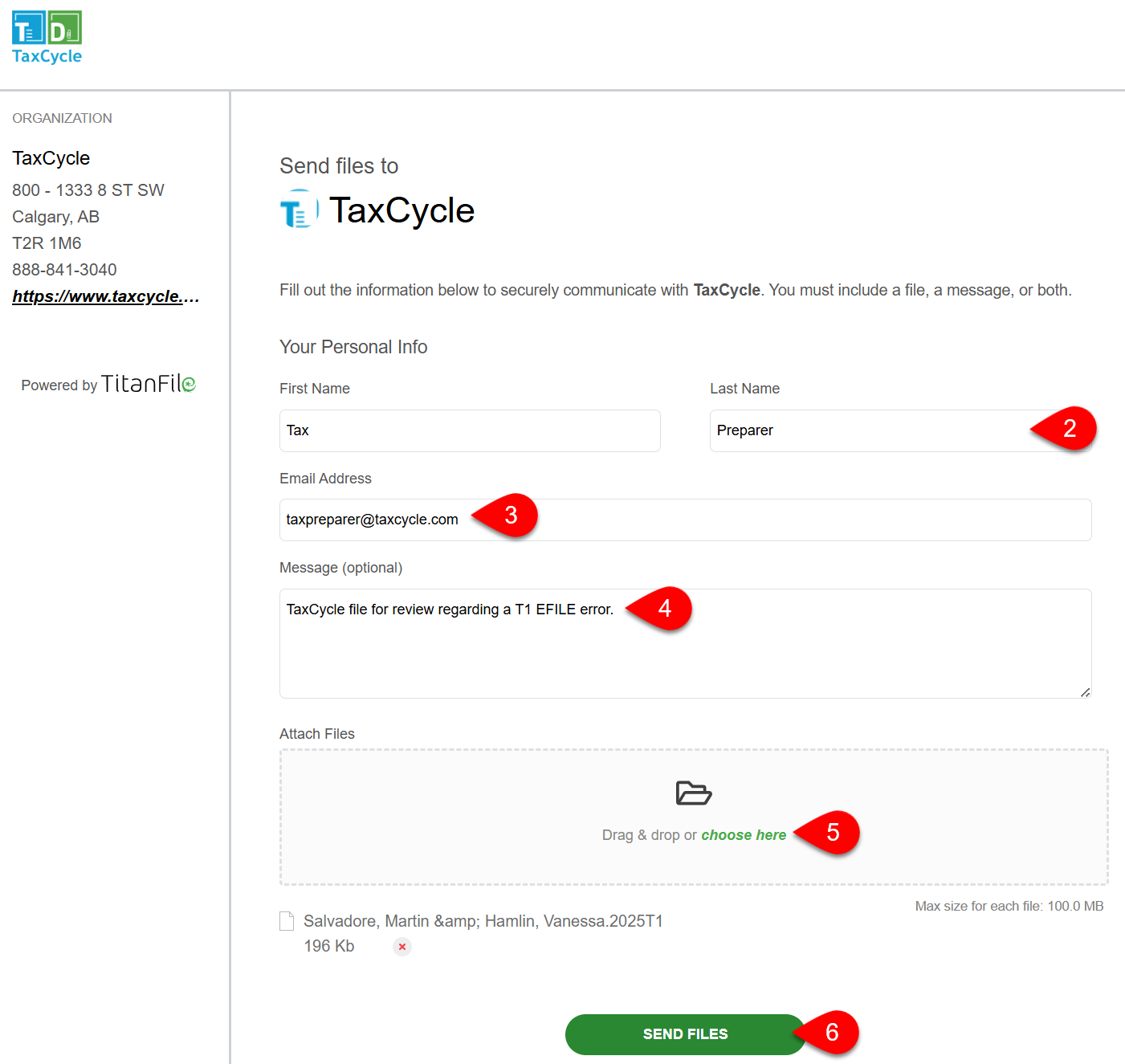 Screen Capture: TaxCycle Secure Submit