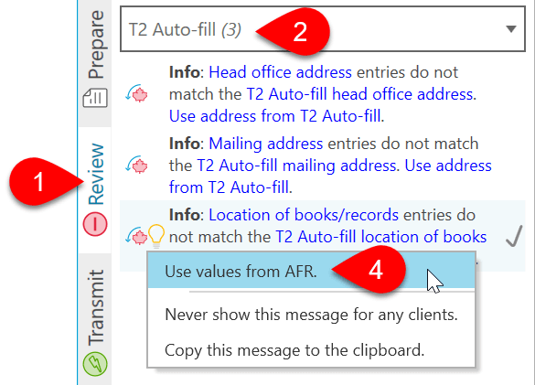 Screen Capture: T2 AFR view in Review sidebar