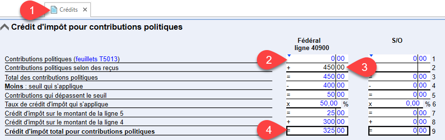 Capture d'écran : Saisissez les contributions politiques sur la grille Crédits