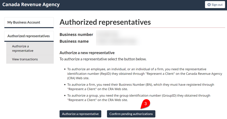 Screen capture of My Business Account on the CRA website