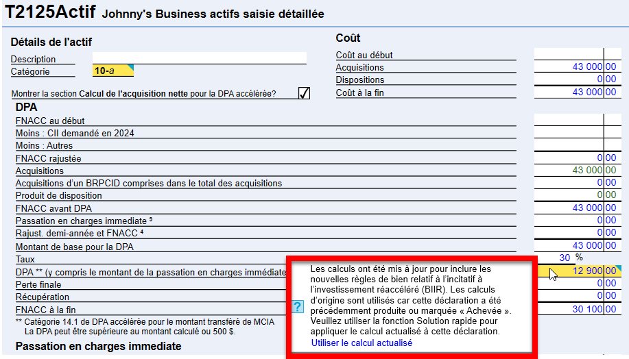 Capture d'écran&nbsp;: Solution rapide pour mettre à jour les calculs de la DPA