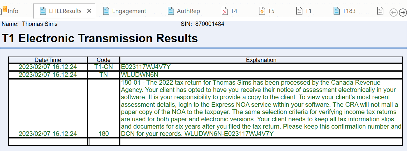 Screen Capture: T1 Electronic Transmission Results Worksheet