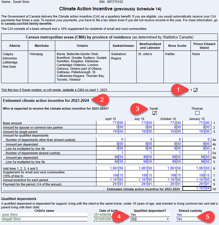 Screen Capture: Climate Action Incentive (CAI) worksheet in TaxCycle