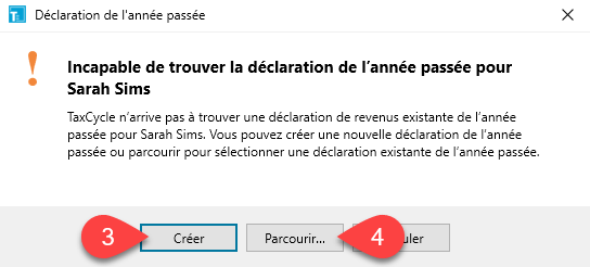 Capture d'écran : Incapable de trouver la déclaration de l’année précédente