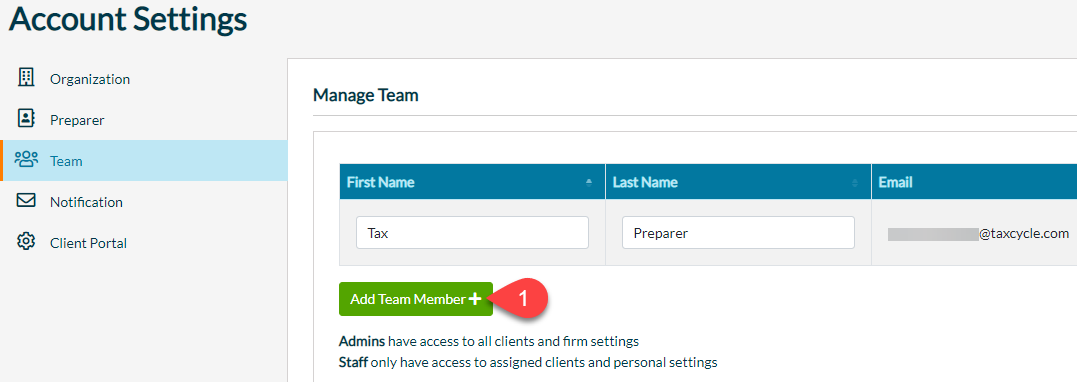 Screen Capture: Manage Team in TaxFolder