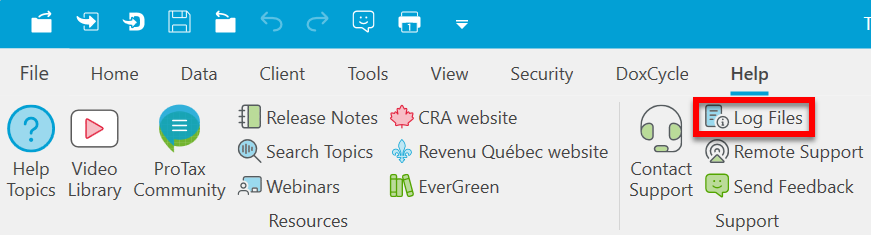 Screen Capture: Log Files button in TaxCycle