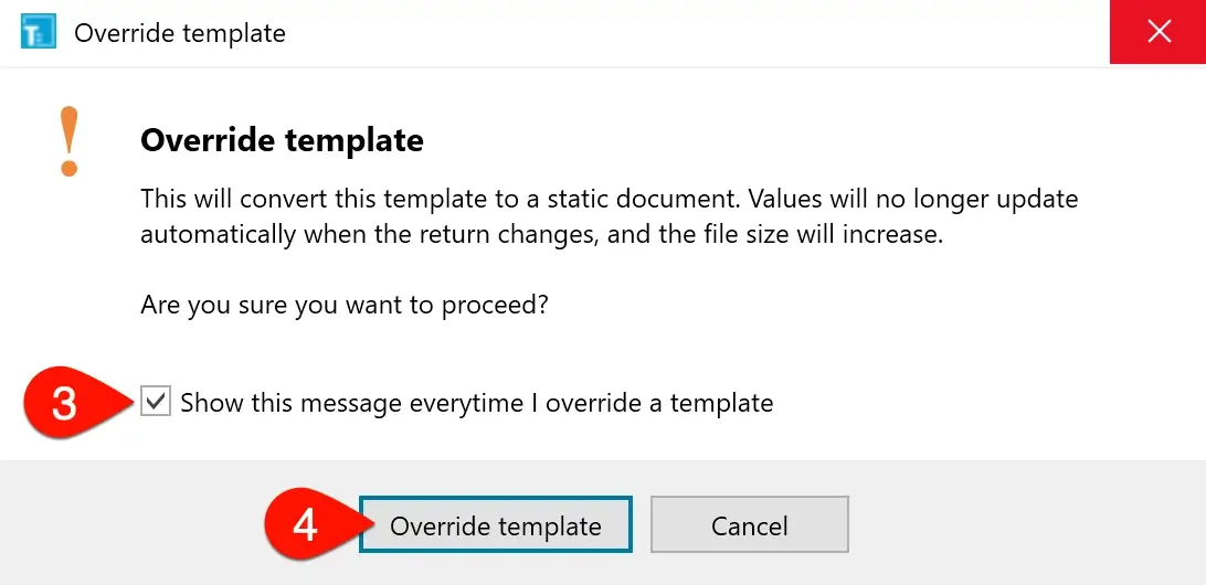 Screen Capture: Override Template Dialog