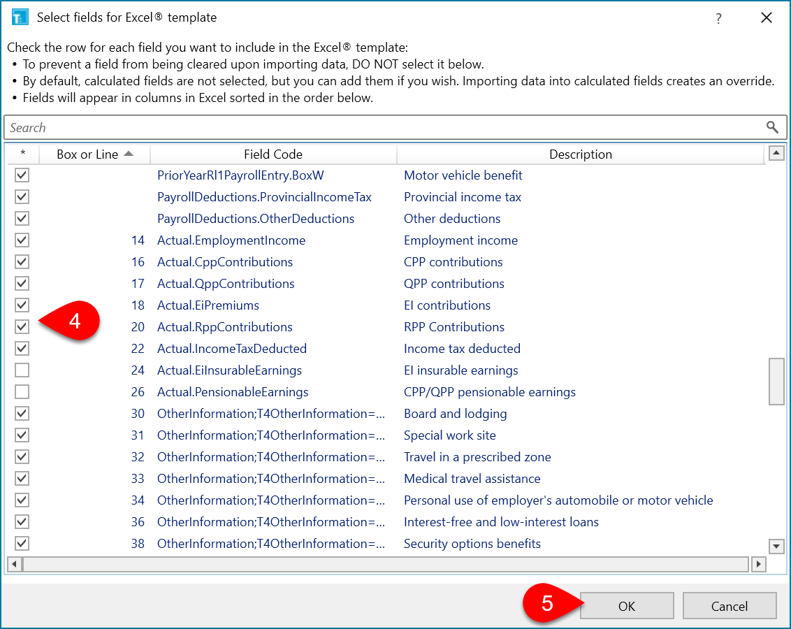 Screen Capture: Select fields for Excel template