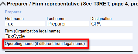 screen capture: operating name field