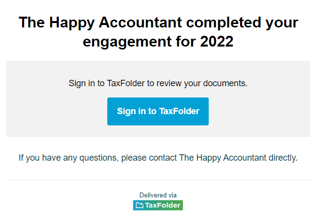 Screen Capture: TaxFolder engagement complete email to client
