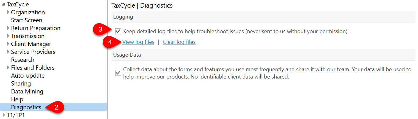 Screen Capture: Diagnostics options