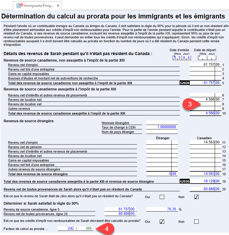 Capture d'écran : grille de calcul Immigrants/Émigrants