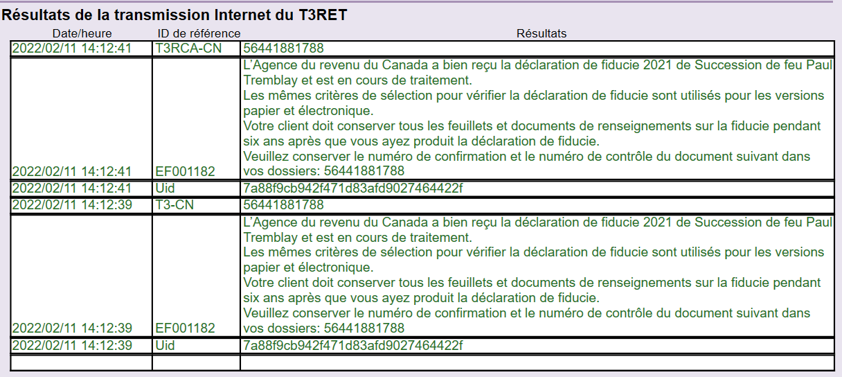 Screen Capture: T3RET Internet Filing Results