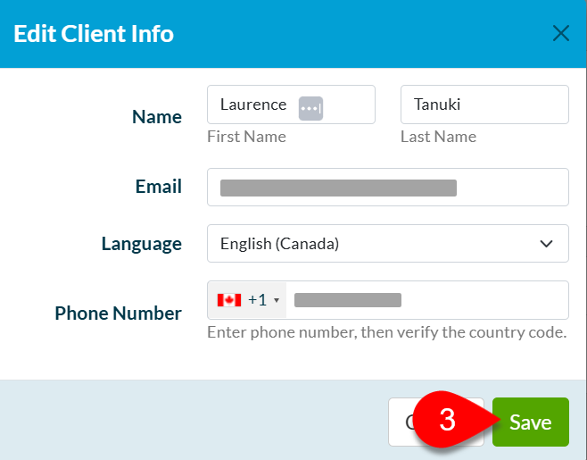 Screen Capture: Edit Client Info box