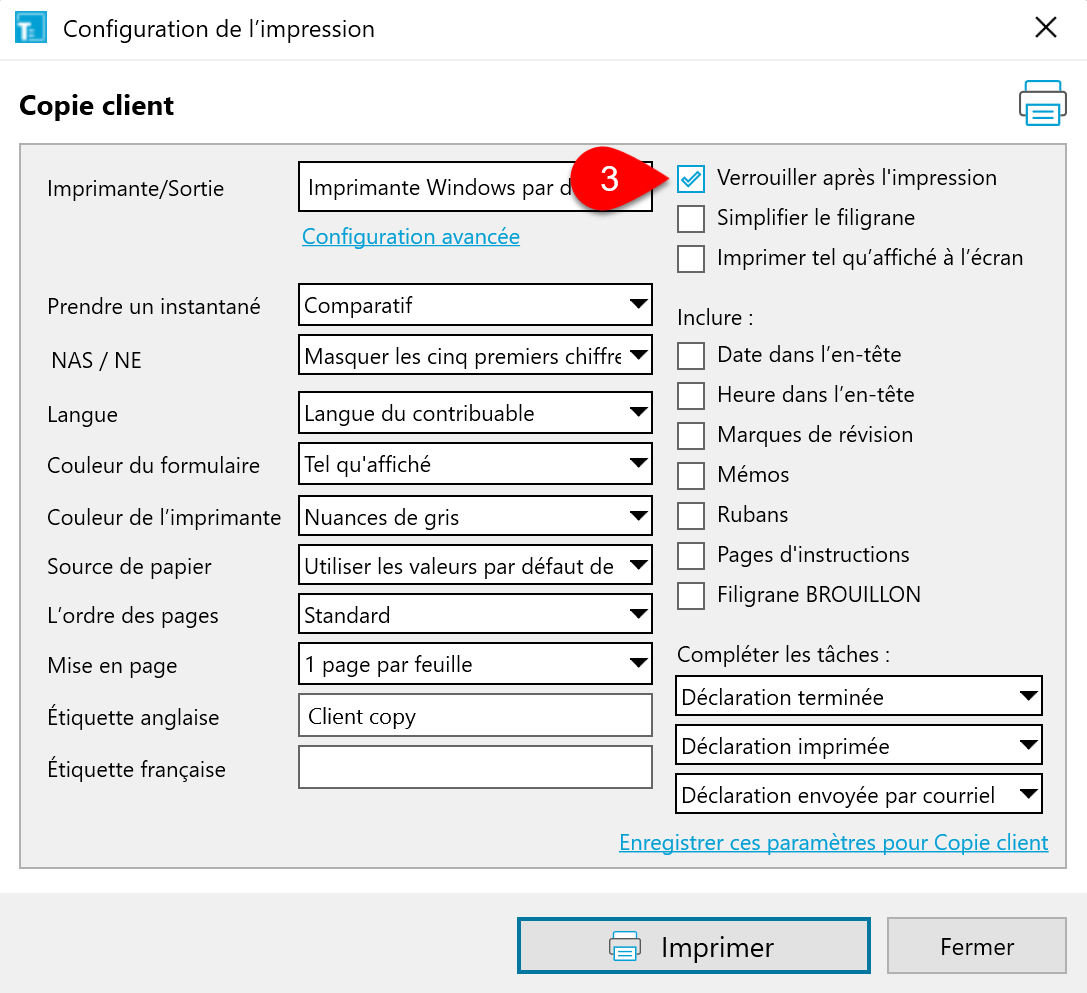 Capture d'écran : Verrouiller le fichier après l'impression