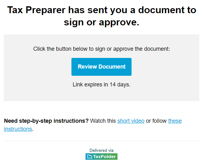 Screen Capture: TaxFolder Review Document Email