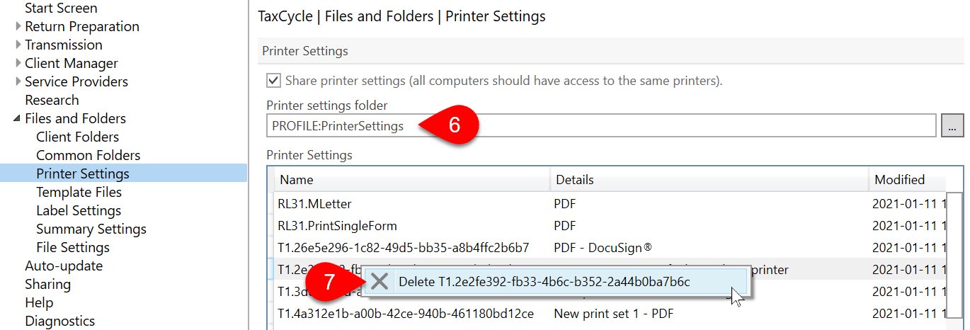 Screen Capture: Delete Print Settings File