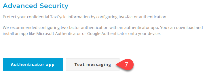 Screen Capture: Click Text Messaging to set up 2FA via SMS