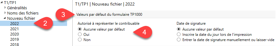 Capture d'écran : TP1000 valeurs par défaut dans les options de Taxcycle