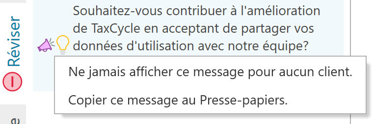 Capture d'écran : Message de consentement de partager vos données d'utilisation dans la barre latérale