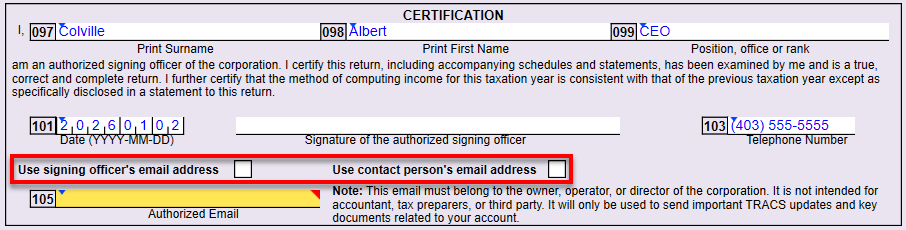 Screen Capture: Authorized Email field on the AT1 return