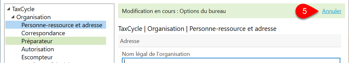 Capture d’écran : Annuler l’édition d’un profil d'options