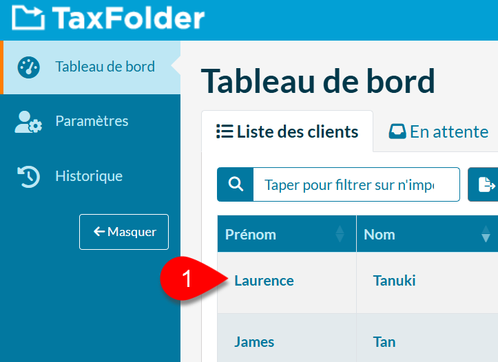 Capture d'écran : Nom du client dans le tableau de bord