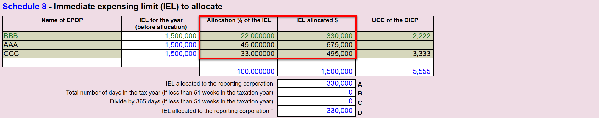 Screen Capture: CGI Worksheet IEL Allocation