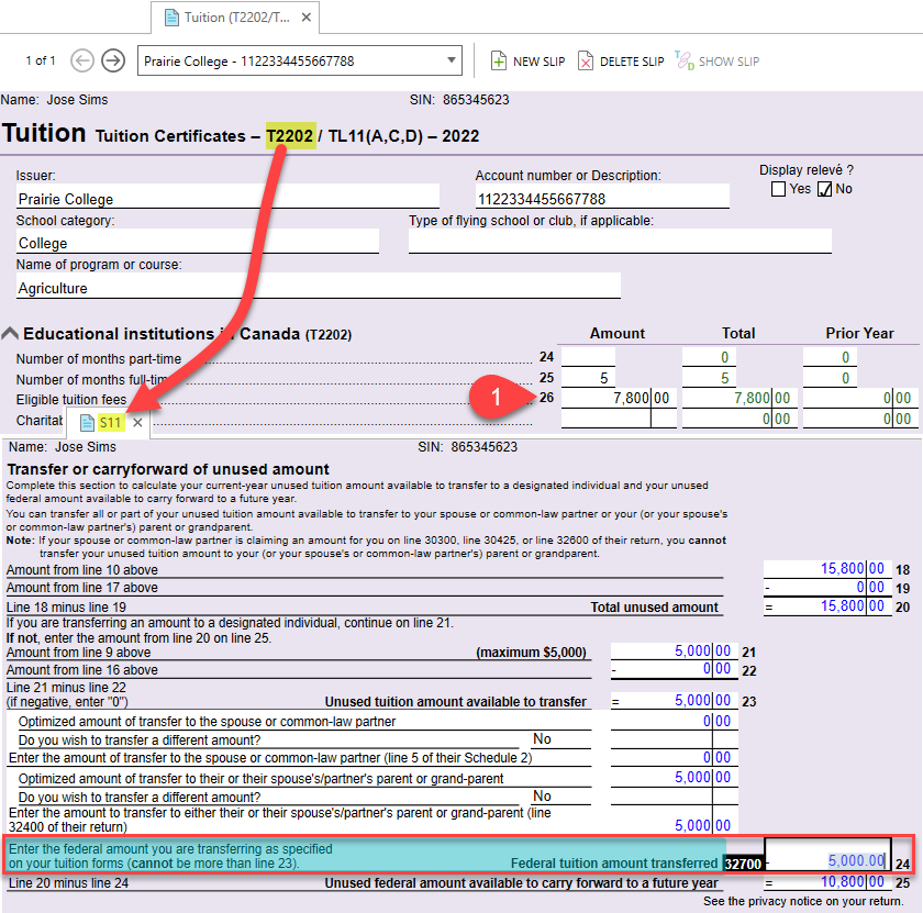 Screen Capture: Transfer tuition amounts from a dependant