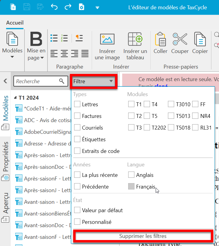 Screen Capture: Template Editor Filtering