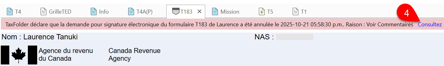 Capture d'écran : Bannière de document annulé dans TaxCycle