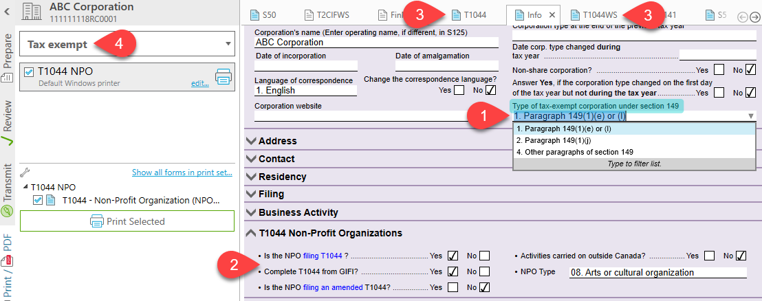 Screen Capture: Preparing a T1044 Non-Profit Organization (NPO) Information Return in TaxCycle T2