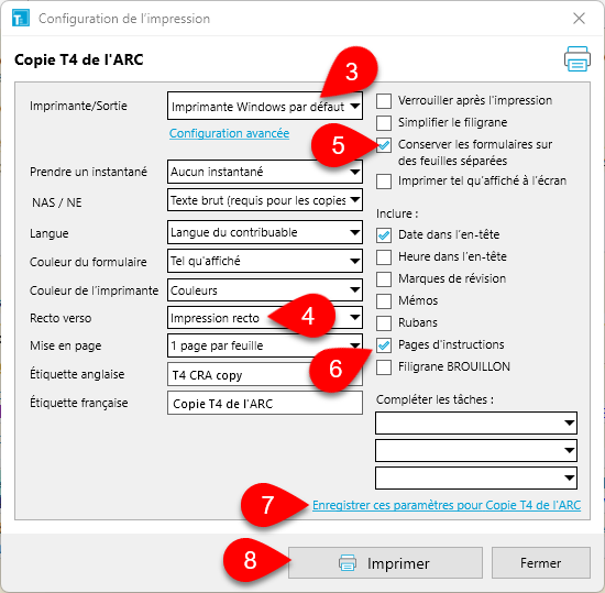 Capture d'écran : Imprimer des feuillets dans TaxCycle