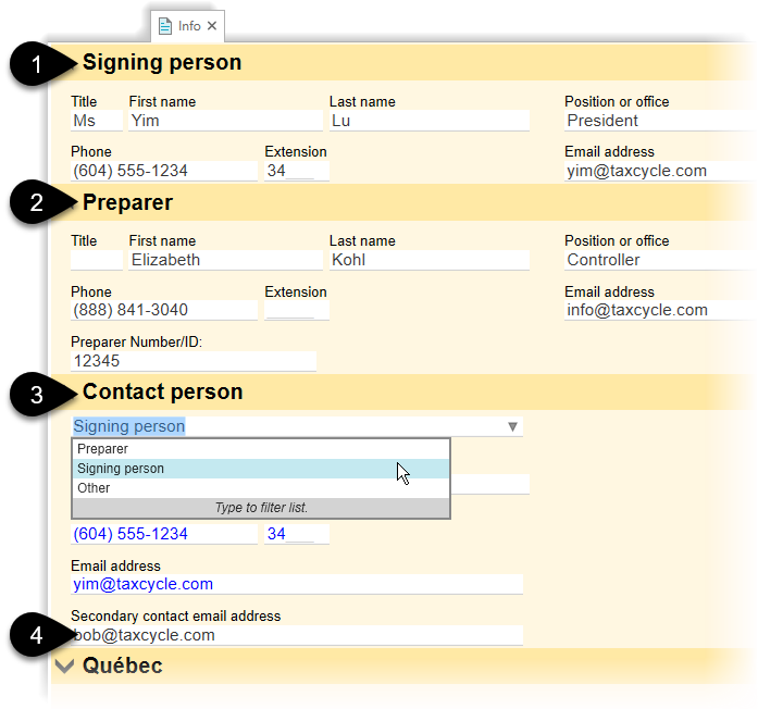 Choose a contact person on the Info worksheet