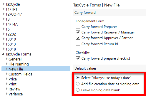 Screen Capture: New File Options in TaxCycle Options