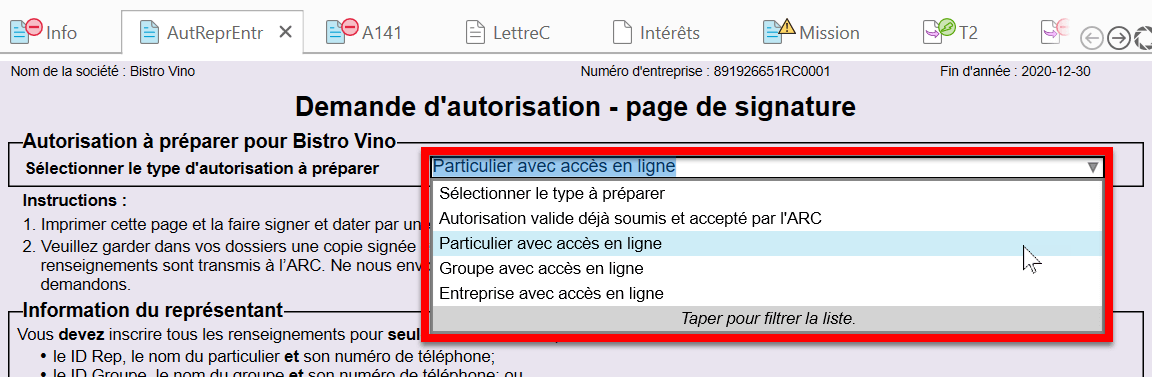 Capture d’écran : sélectionnez le type d’autorisation