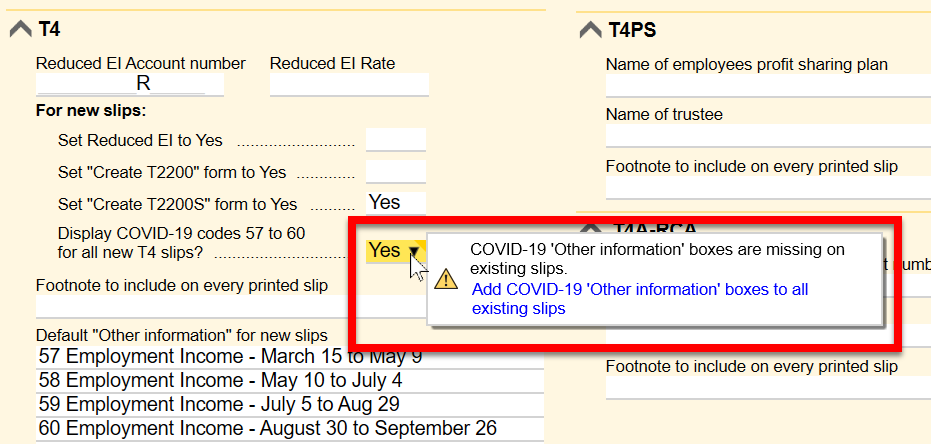 Display COVID-19 codes 57 to 60 for all new slips?