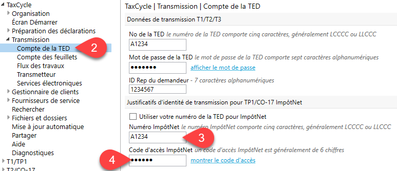 Screen Capture: EFILE Accounts in TaxCycle Options