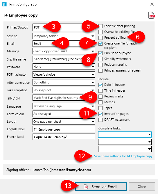 Screen Capture: Send slips via email in TaxCycle