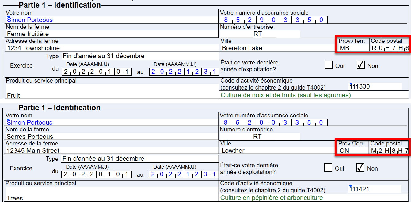 Capture d'écran : T2042 province/territoire et code postal