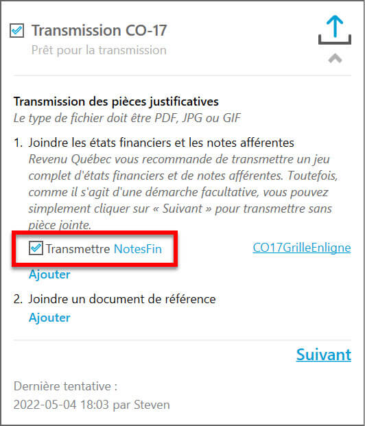 Capture d'écran : Transmettre NotesFin