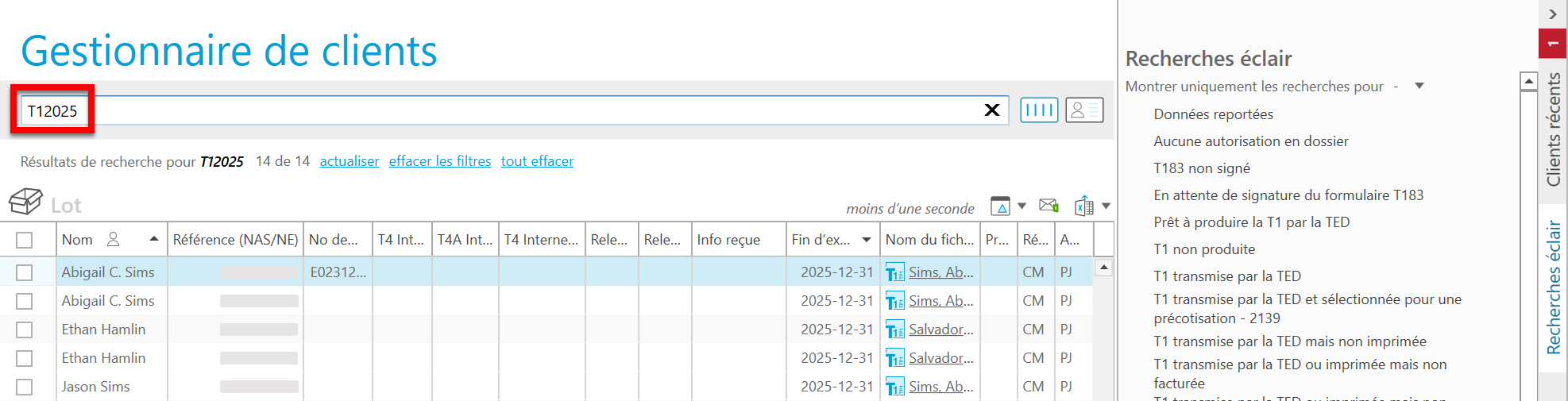 Capture d’écran :  barre de recherche du Gestionnaire de clients