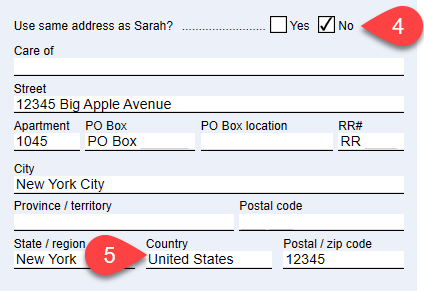 Screen Capture: Non-resident spouse address on the Info worksheet