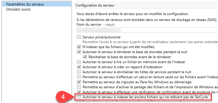 Capture d'écran : Autoriser le serveur d'indexer les anciens fichiers qui ne proviennent pas de TaxCycle