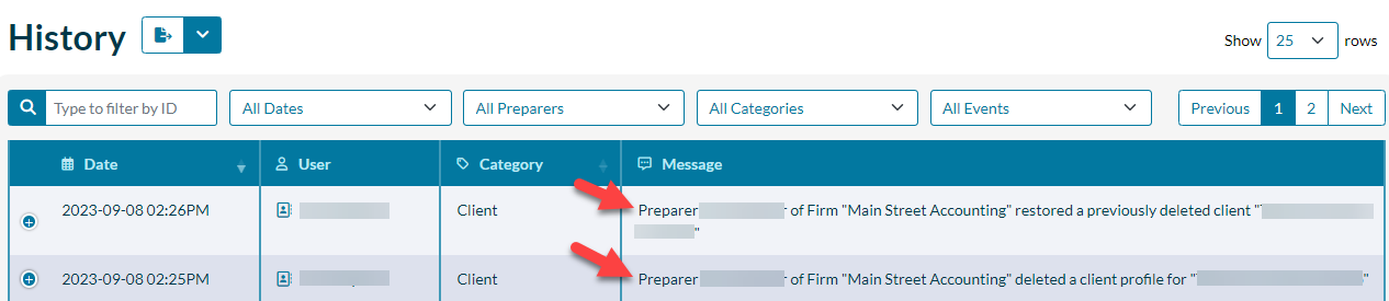 Screen Capture: View deleted and restored user events on the TaxFolder History page
