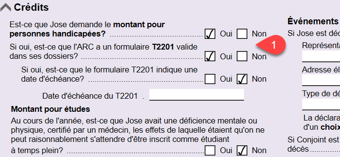 Capture d’écran : Montant pour personnes handicapées et le T2201 sur la grille de calcul Info