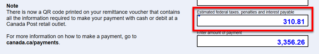 Screen Capture: T7DRA Estimated federal taxes, penalties and interest payable