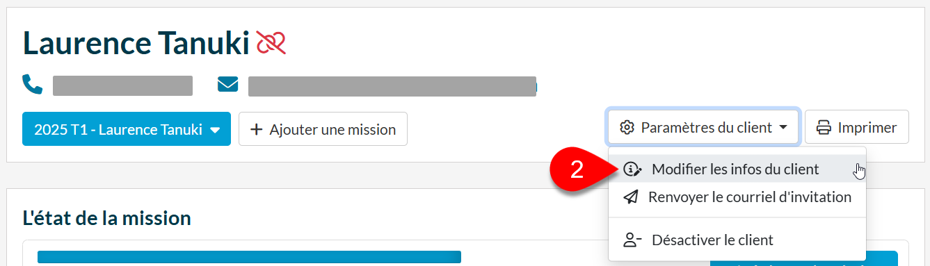 Capture d'écran : Modifier les informations du client